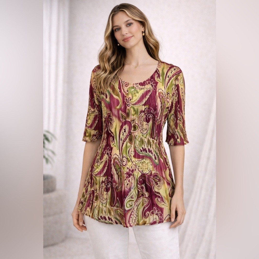 Magic Scarf Company Pleated Stretch Satin Blouse One Size Boho Art to Wear